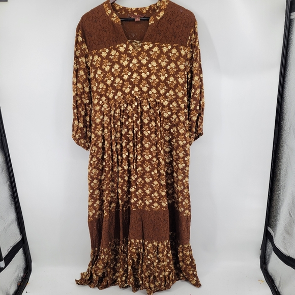 April Cornel Floral Brown Cottagecore Dress With Lace Detail Size X Large - Picture 2 of 11
